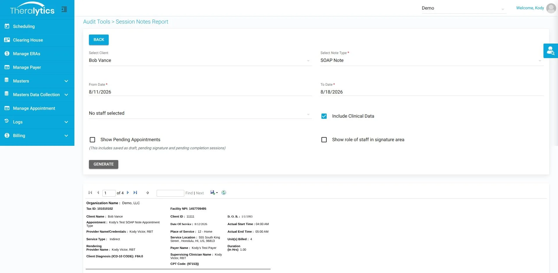 Theralytics session notes report builder with client, note type and date filters above a generated SOAP note report
