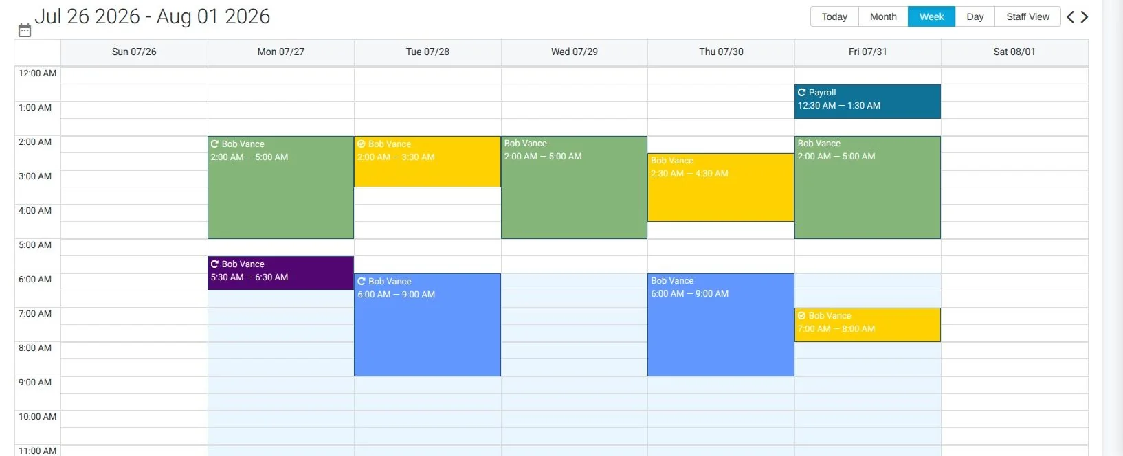 Theralytics scheduling calendar in week view, showing a therapist’s appointments colour-coded by status across a seven-day grid