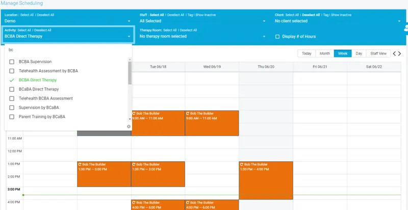Activity-based scheduling in Theralytics