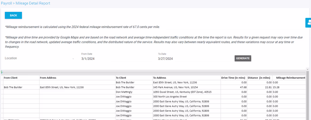Automatic mileage and travel time calculations